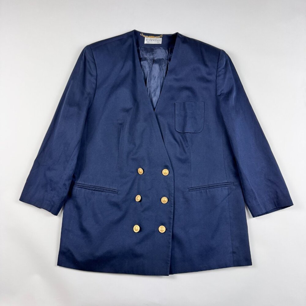 Givenchy Vintage 18W Navy Blue Double Breasted Blazer Gold Chain